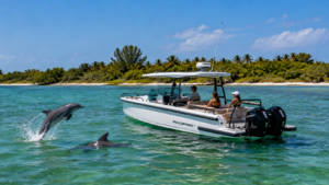 Dolphins swimming beside private Axopar boat tour near Little Gasparilla Island Florida in clear Gulf Coast waters