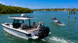Dolphin sighting near Rotonda Florida boat tour with Axopar 29 Sun Top cruising clear Gulf Coast waterways