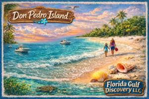Don Pedro Island Florida beach with palm trees clear water and shells near Gulf Coast destination visited during private boat tour with Florida Gulf Discovery