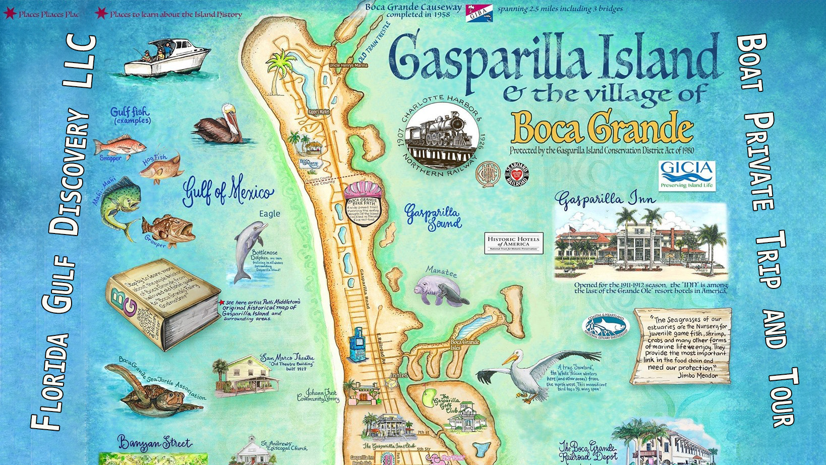Illustrated map of Gasparilla Island and Boca Grande showing landmarks wildlife and waterways in Southwest Florida