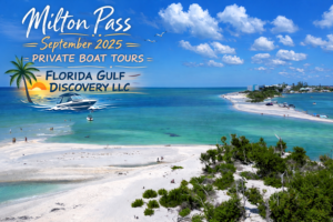 Aerial view of Milton Pass in Southwest Florida with turquoise Gulf waters, white sand shoreline, and promotional text for private boat tours by Florida Gulf Discovery LLC