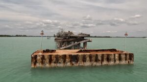 Osprey nesting on the historic wooden trestle ruins near Placida and Gasparilla Pass in Southwest Florida