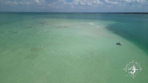 Aerial drone view of Pavel’s Secret Sandbar in Southwest Florida with shallow turquoise water near Pine Island Sound and Gasparilla Sound.