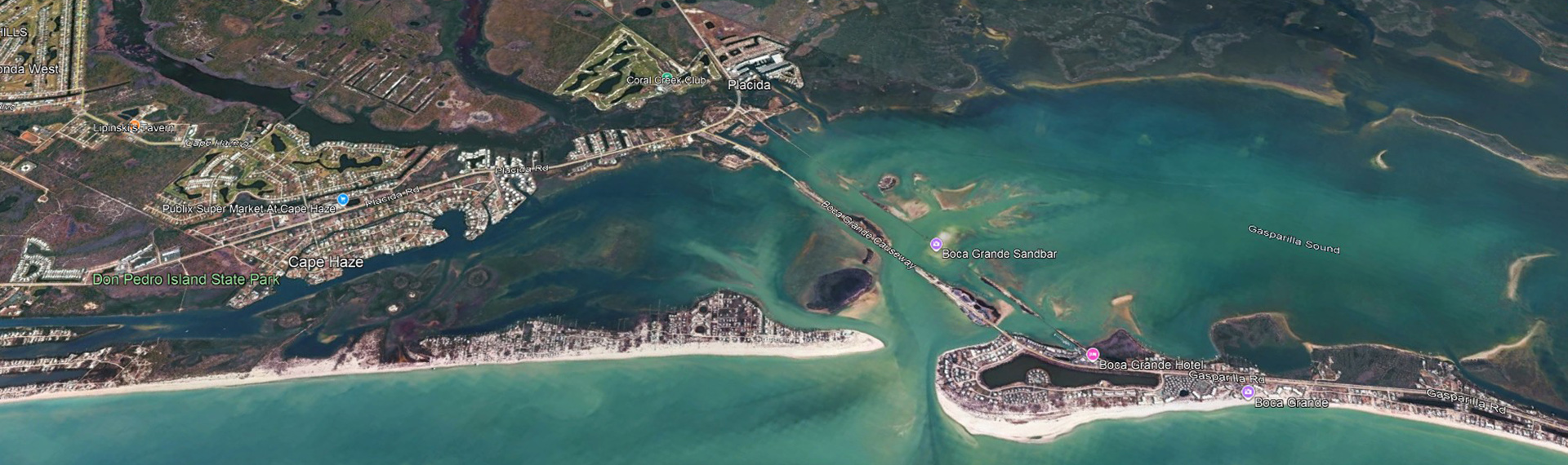 Aerial map view of Placida Florida Boca Grande Causeway and Gasparilla Sound showing boat tour area with Florida Gulf Discovery