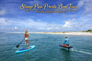 Paddleboarding and e-foil riding near Stump Pass during a private Southwest Florida boat tour
