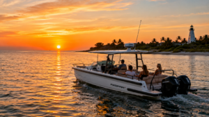 Private sunset cruise near Little Gasparilla Island Florida with Axopar boat on calm Gulf Coast waters at golden hour