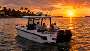 Sunset cruise near Rotonda West Florida Gulf Coast with Axopar 29 boat on glowing coastal waters at sunset
