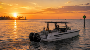Sunset cruise near Port Boca Grande Florida aboard private Axopar 29 boat in calm Gulf Coast waters