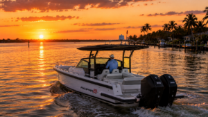 Sunset cruise near South Gulf Cove Florida aboard Axopar 29 boat with orange sky reflecting across calm Gulf Coast waters.