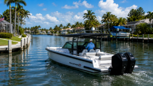 Axopar 29 boat cruising through waterfront residential canals near South Gulf Cove Florida with palm trees and private docks.