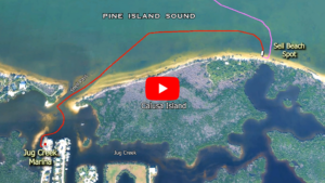 Aerial map showing the boating route from Jug Creek Marina through Shell Pass to Shell Beach Spot at Calusa Island in Pine Island Sound.