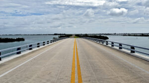 Boca Grande Causeway bridge leading to Gasparilla Island, Florida, surrounded by Charlotte Harbor waters