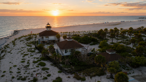 Boca Grande Lighthouse at sunset on Gasparilla Island, Florida, overlooking the Gulf of America.