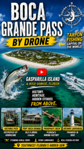 Vertical YouTube Shorts thumbnail featuring Boca Grande Pass, Gasparilla Island, tarpon fishing, historic lighthouse, phosphate dock, and aerial drone views of Southwest Florida.