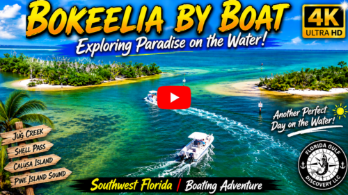 YouTube thumbnail featuring boats cruising through Shell Pass near Bokeelia with turquoise water, mangrove islands, and text promoting a Southwest Florida boating adventure.