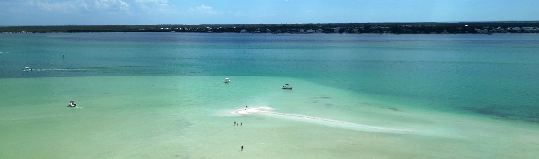 Aerial view of a hidden sandbar in Pine Island Sound near Bokeelia, Florida, surrounded by crystal-clear turquoise water.