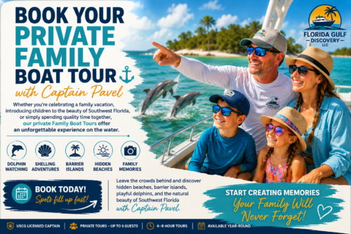 Family enjoying a private boat tour with Captain Pavel in Southwest Florida while watching dolphins near beautiful barrier islands.