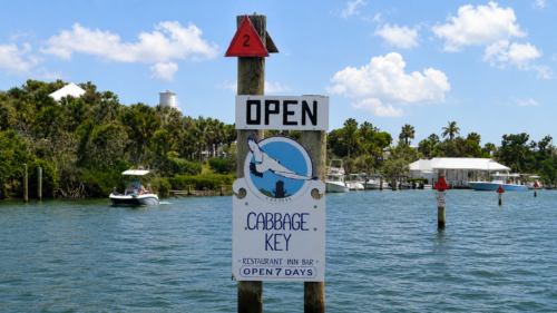 Cabbage Key channel entrance marker leading to the marina, restaurant, and inn in Pine Island Sound, Southwest Florida.