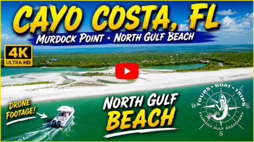 YouTube thumbnail featuring an aerial drone view of North Gulf Beach and Murdock Point on Cayo Costa, Florida, with turquoise Gulf waters and white sand beaches.