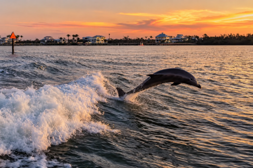 Wild bottlenose dolphin jumping beside a boat wake during a colorful Southwest Florida sunset near Boca Grande Pass.