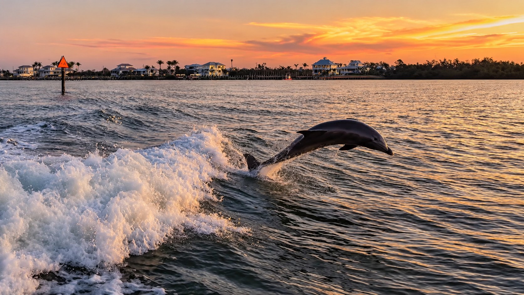 Wild bottlenose dolphin leaping at sunset in Boca Grande Pass, Southwest Florida