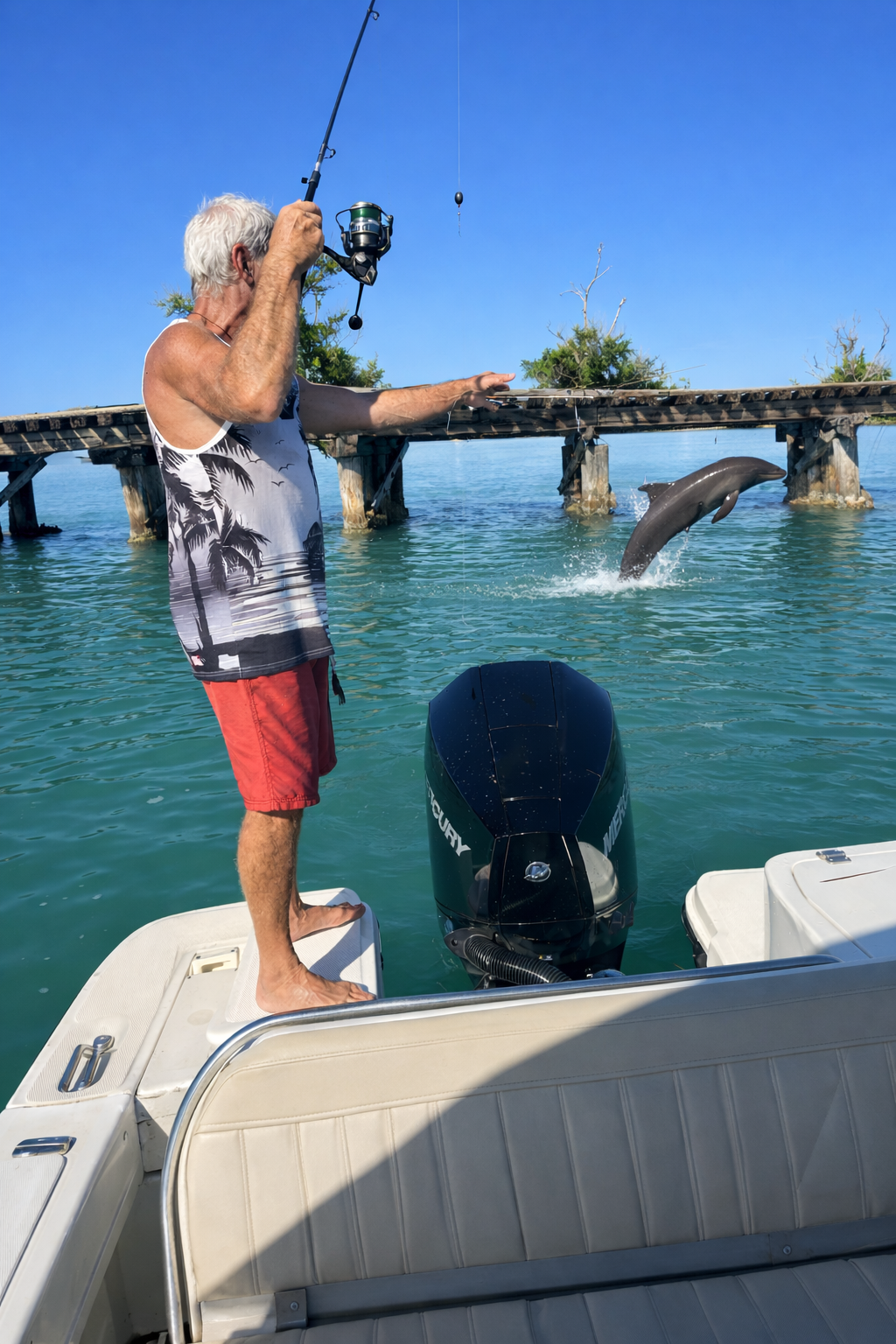 A bottlenose dolphin leaps from the water beside Captain Pavel's boat while fishing near the Historic Placida Trestle in Placida, Florida.