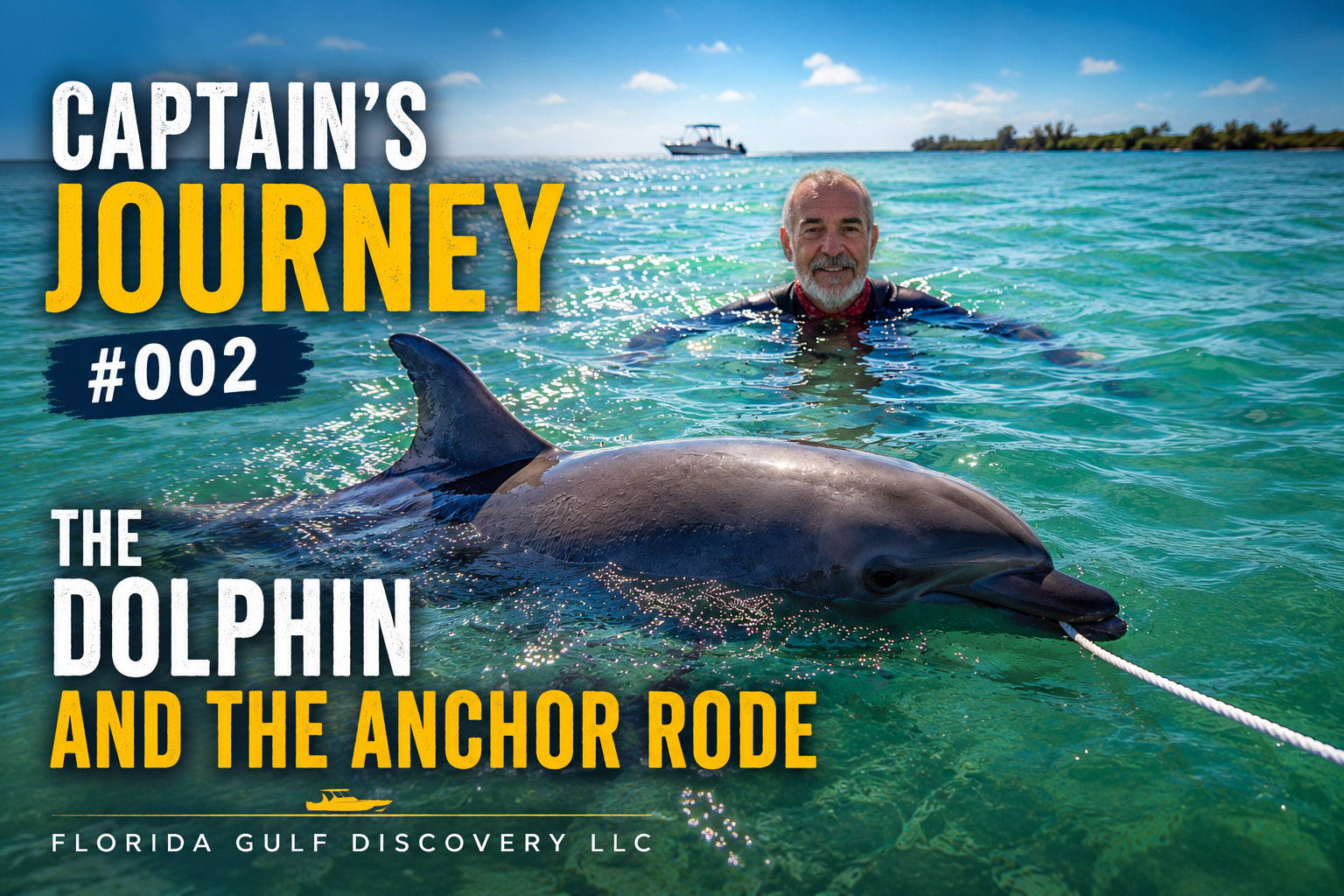 Friendly bottlenose dolphin playing with Captain Pavel's anchor rode near Boca Grande Sandbar during a private boat tour in Southwest Florida.