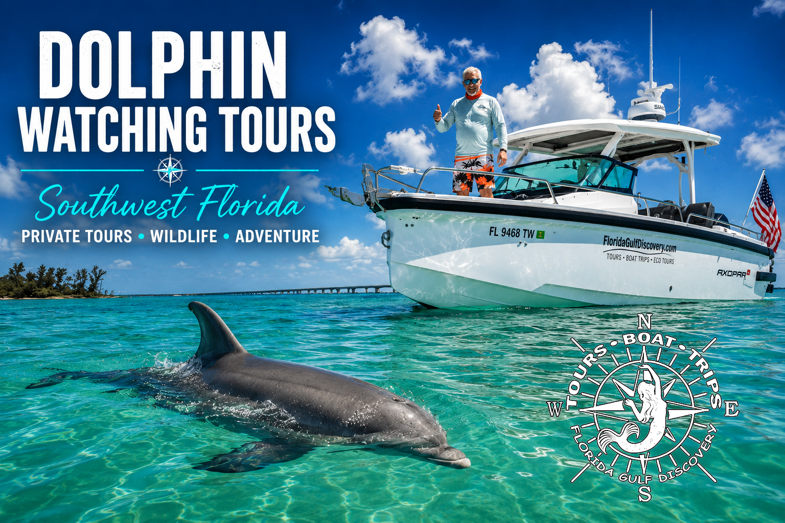 Captain Pavel and a bottlenose dolphin during a private dolphin watching tour in Southwest Florida aboard an Axopar 29.