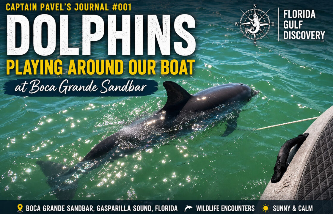 Bottlenose dolphin swimming beside Captain Pavel's boat at Boca Grande Sandbar in Gasparilla Sound, Southwest Florida.