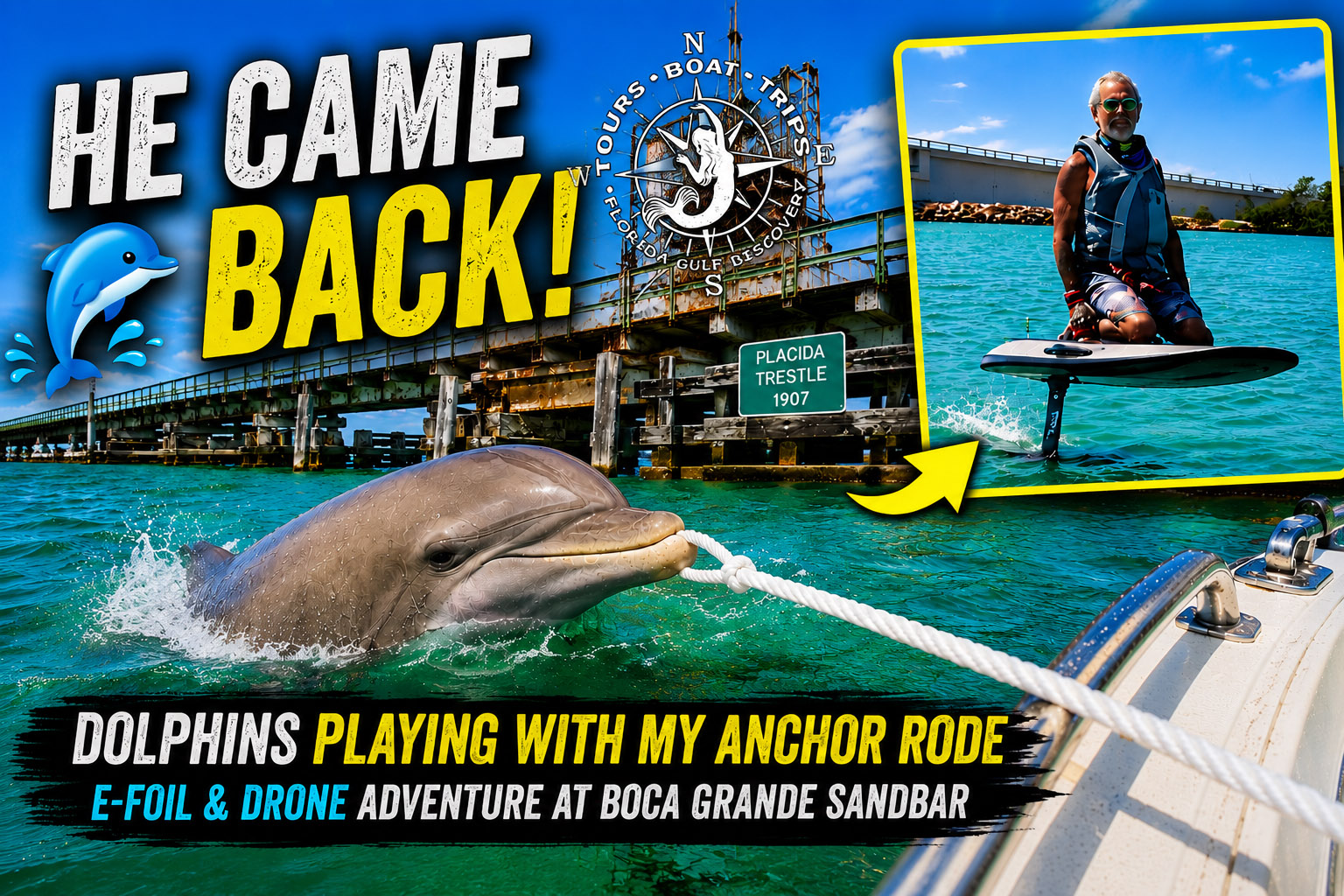 A bottlenose dolphin plays with an anchor rope near Boca Grande Sandbar while Captain Pavel rides an e-foil beside the historic Placida Trestle in Southwest Florida.