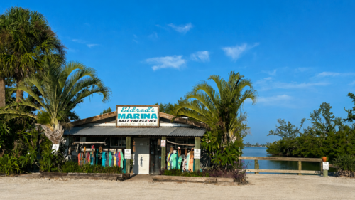 Front entrance of Eldred's Marina in Placida, Florida, the departure location for Florida Gulf Discovery private boat tours.