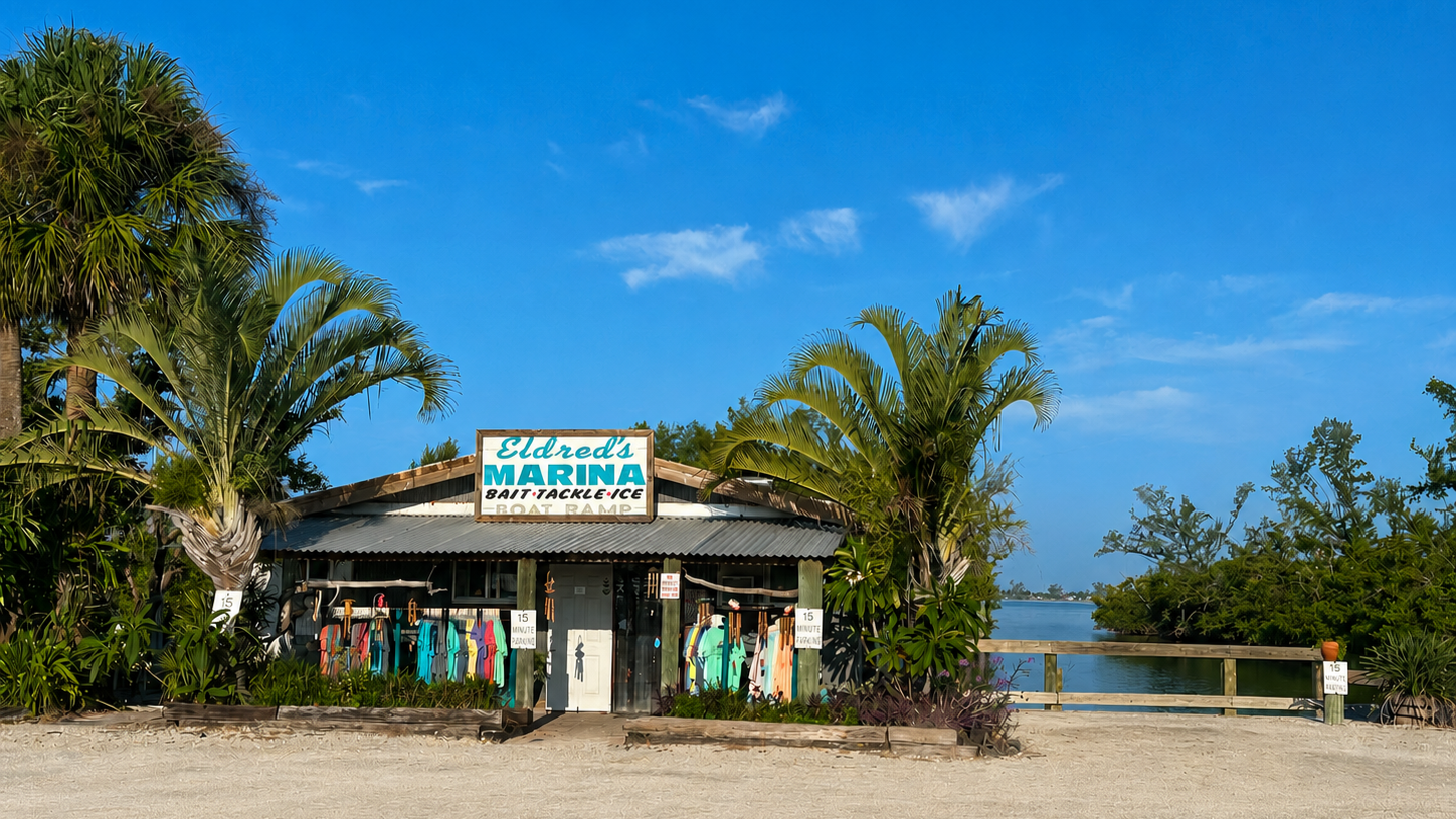 Eldred's Marina in Placida, Florida, a local waterfront departure point for exploring Charlotte Harbor and Southwest Florida by boat with Captain Pavel.
