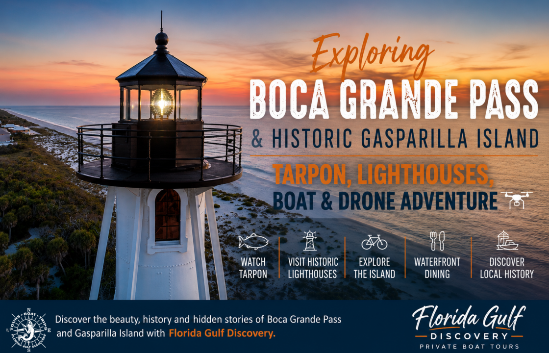 Promotional banner featuring the Gasparilla Island Rear Range Light at sunset with information about Boca Grande Pass and historic Gasparilla Island boat tours.