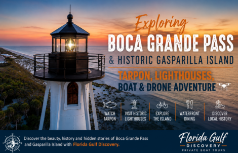 Promotional banner featuring the Gasparilla Island Rear Range Light at sunset with information about Boca Grande Pass and historic Gasparilla Island boat tours.
