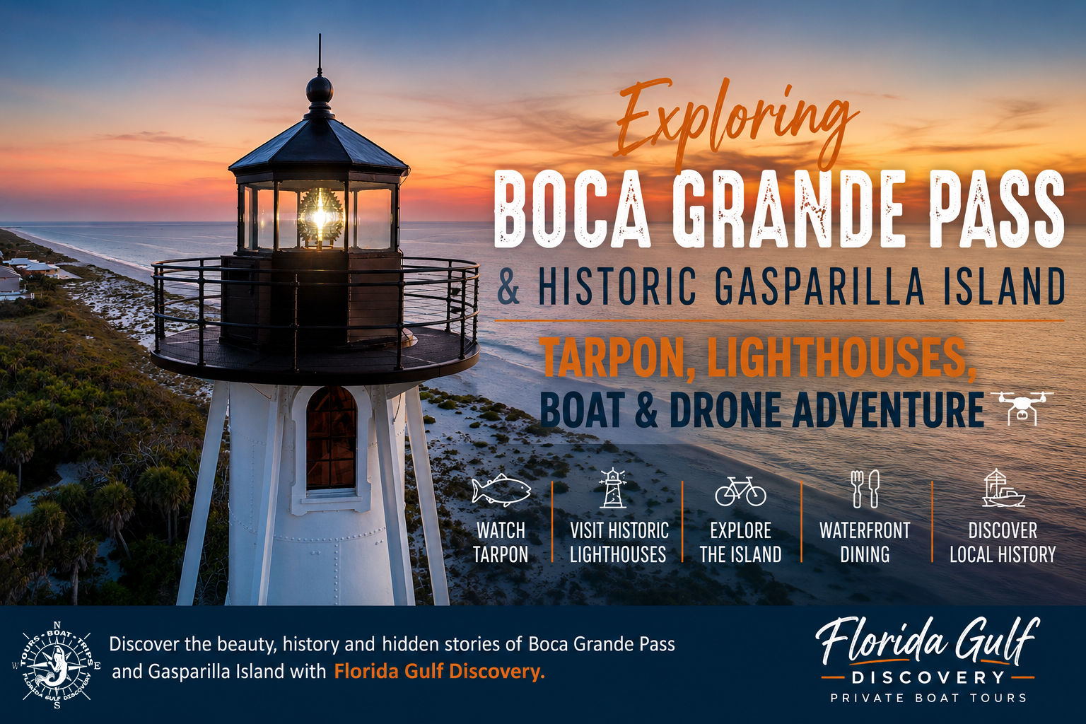 Promotional banner featuring the Gasparilla Island Rear Range Light at sunset with information about Boca Grande Pass and historic Gasparilla Island boat tours.