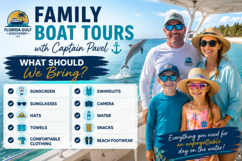 Family preparing for a private boat tour in Southwest Florida with Captain Pavel, showing what to bring including sunscreen, hats, towels, swimsuits, water, snacks, and beach footwear.