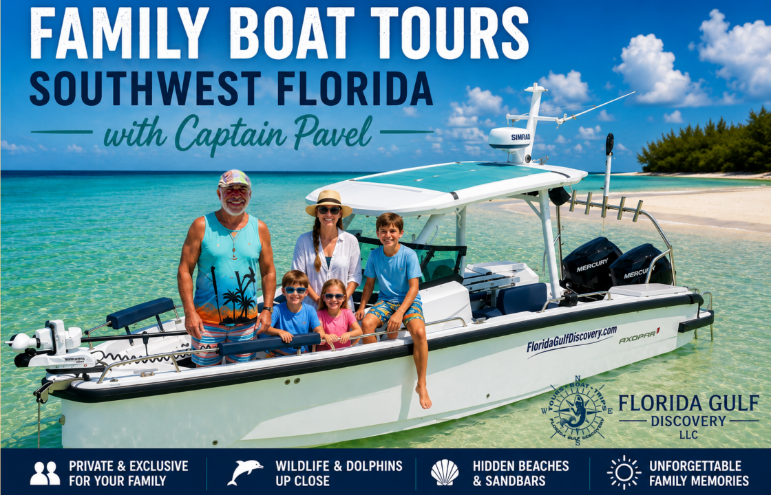Captain Pavel welcomes a family aboard a private Axopar 29 boat at a tropical sandbar during a Family Boat Tour in Southwest Florida.