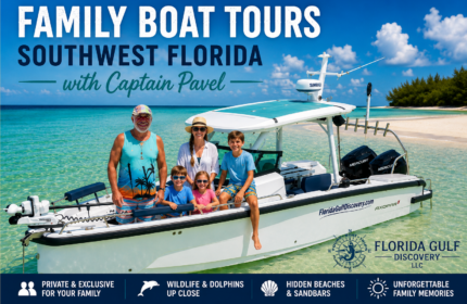 Captain Pavel welcomes a family aboard a private Axopar 29 boat at a tropical sandbar during a Family Boat Tour in Southwest Florida.