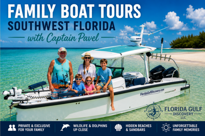 Family Boat Tours Southwest Florida with Captain Pavel Captain Pavel welcomes a family aboard a private Axopar 29 boat at a tropical sandbar during a Family Boat Tour in Southwest Florida.