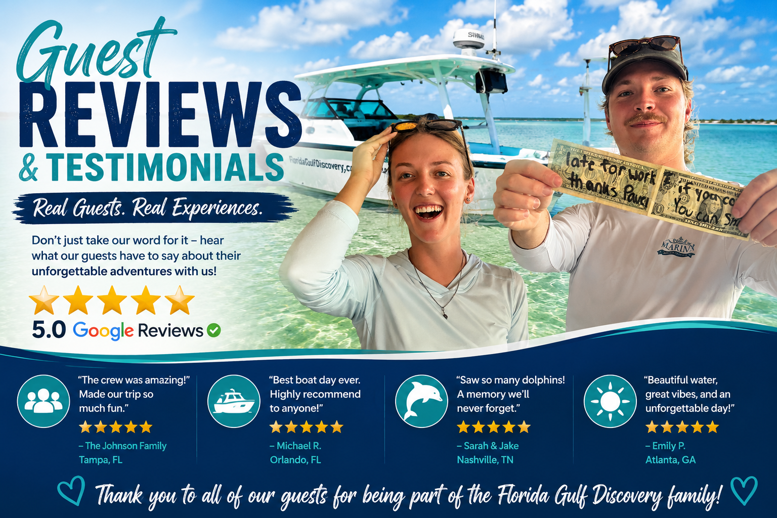 Guest Reviews and Testimonials banner for Florida Gulf Discovery LLC Guest Reviews and Testimonials banner for Florida Gulf Discovery LLC featuring happy guests, a private boat tour, and 5-star Google reviews in Southwest Florida.