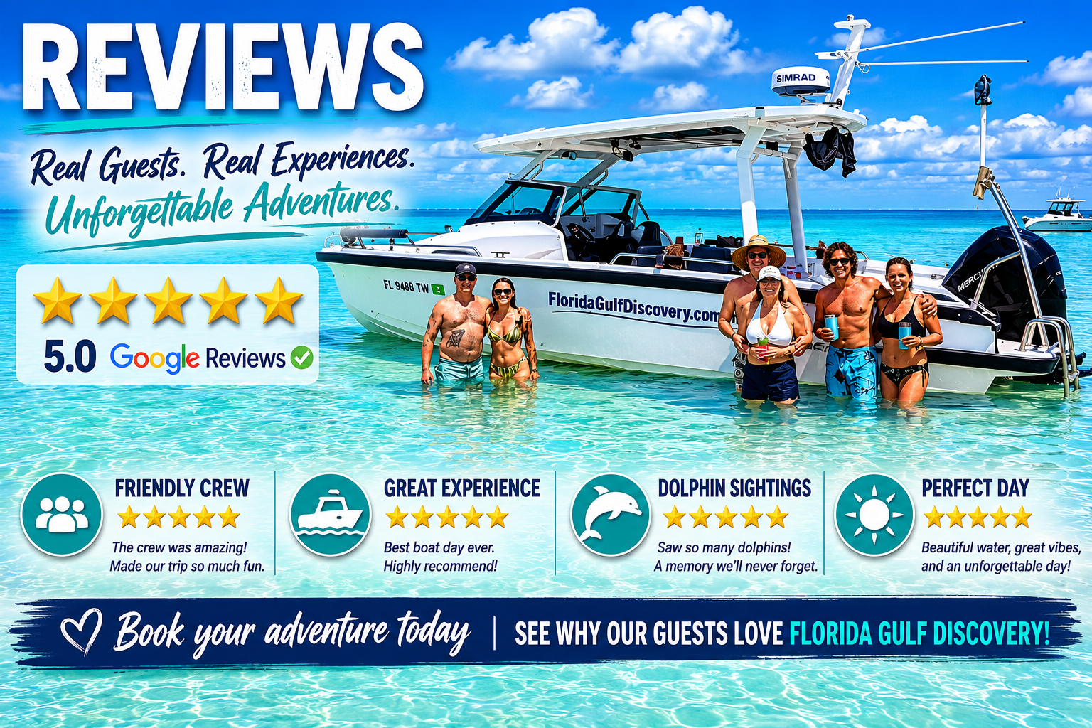 Florida Gulf Discovery Reviews | Real Guest Experiences Reviews banner for Florida Gulf Discovery LLC featuring guests enjoying a private sandbar tour beside an Axopar 29 boat in Southwest Florida.