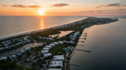Aerial sunset view of Gasparilla Island and Boca Grande, Florida, overlooking the Gulf of America and Charlotte Harbor.