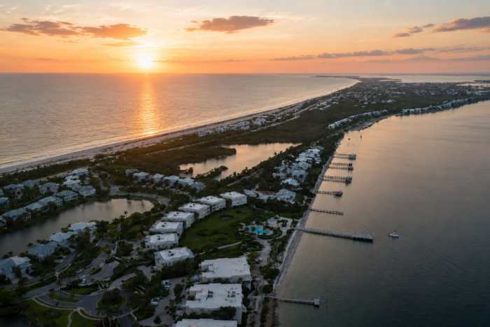 Aerial sunset view of Gasparilla Island and Boca Grande, Florida, overlooking the Gulf of America and Charlotte Harbor.