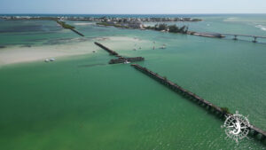 Drone view of the Historic Placida Trestle and Boca Grande Sandbar in Gasparilla Sound, Southwest Florida.