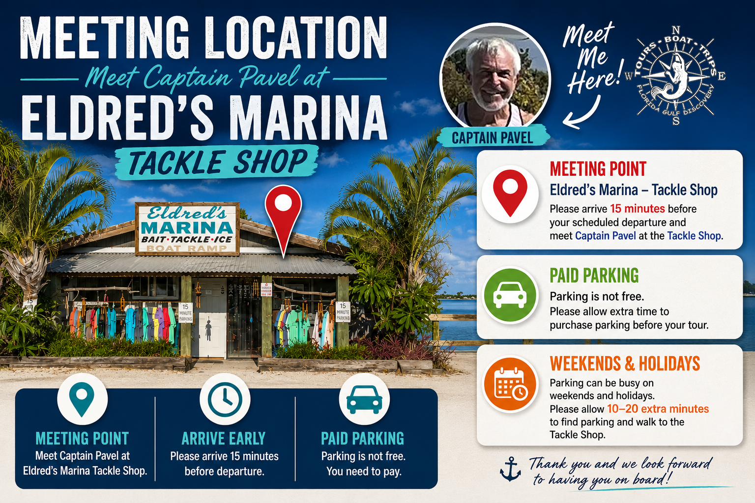 Meeting Location – Eldred's Marina Tackle Shop | Florida Gulf Discovery Meeting location at Eldred's Marina Tackle Shop in Placida, Florida, where guests meet Captain Pavel before private boat tours with Florida Gulf Discovery LLC.