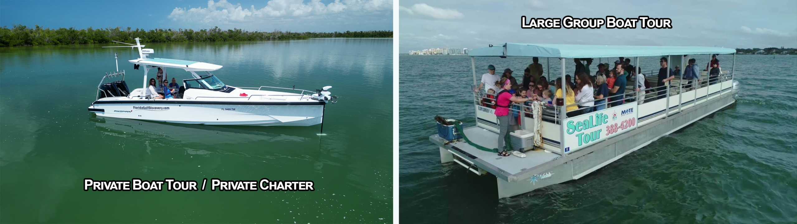 Comparison between a private boat tour with Florida Gulf Discovery and a large group boat tour in Southwest Florida.