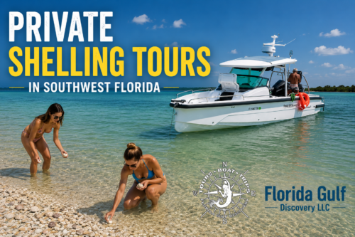 Guests collecting seashells along a pristine Southwest Florida beach while a private Axopar 29 charter boat waits in shallow turquoise water during a shelling tour with Florida Gulf Discovery LLC.