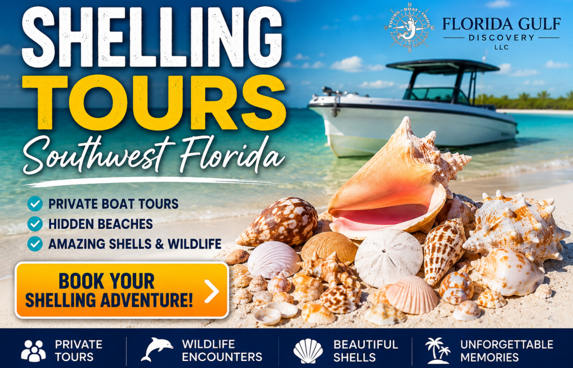 Promotional graphic for private shelling tours in Southwest Florida featuring a shell-covered beach, private boat, Gulf waters, and Florida Gulf Discovery LLC.