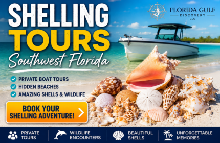 Promotional graphic for private shelling tours in Southwest Florida featuring a shell-covered beach, private boat, Gulf waters, and Florida Gulf Discovery LLC.