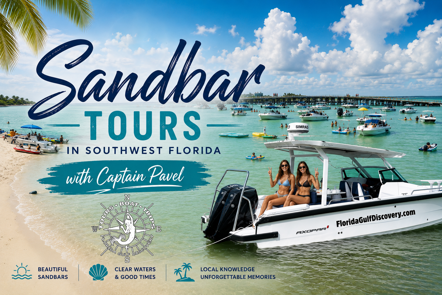 Private Axopar boat with guests at a Southwest Florida sandbar during a Florida Gulf Discovery tour with Captain Pavel.